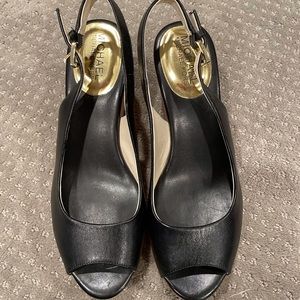 Michael Kors Natalia Black Leather Peep toe Slingback Cork Wedges Size: 7